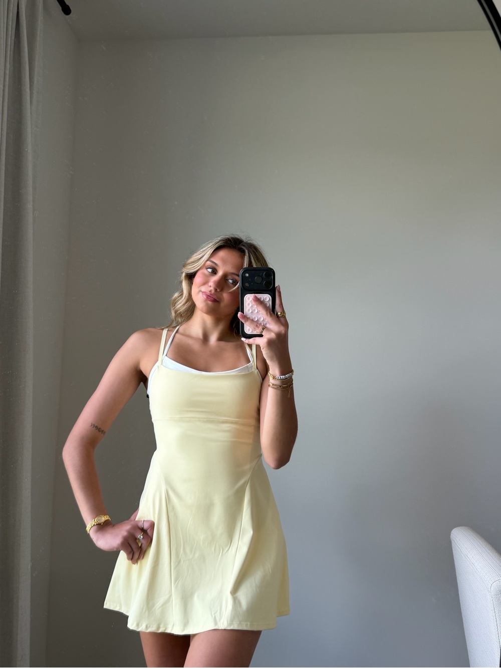 Butter yellow double layered activewear dress romper - Picture 4 of 9